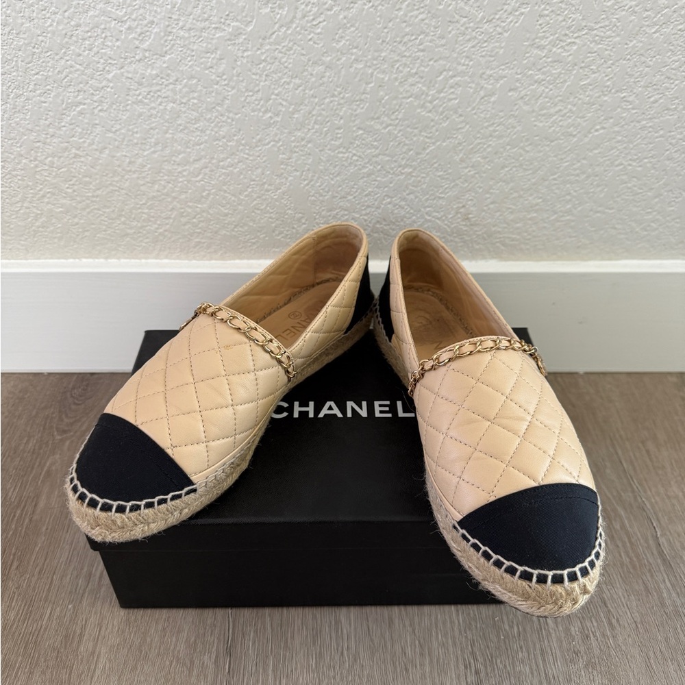 CHANEL Quilted Beige and Black Espadrilles